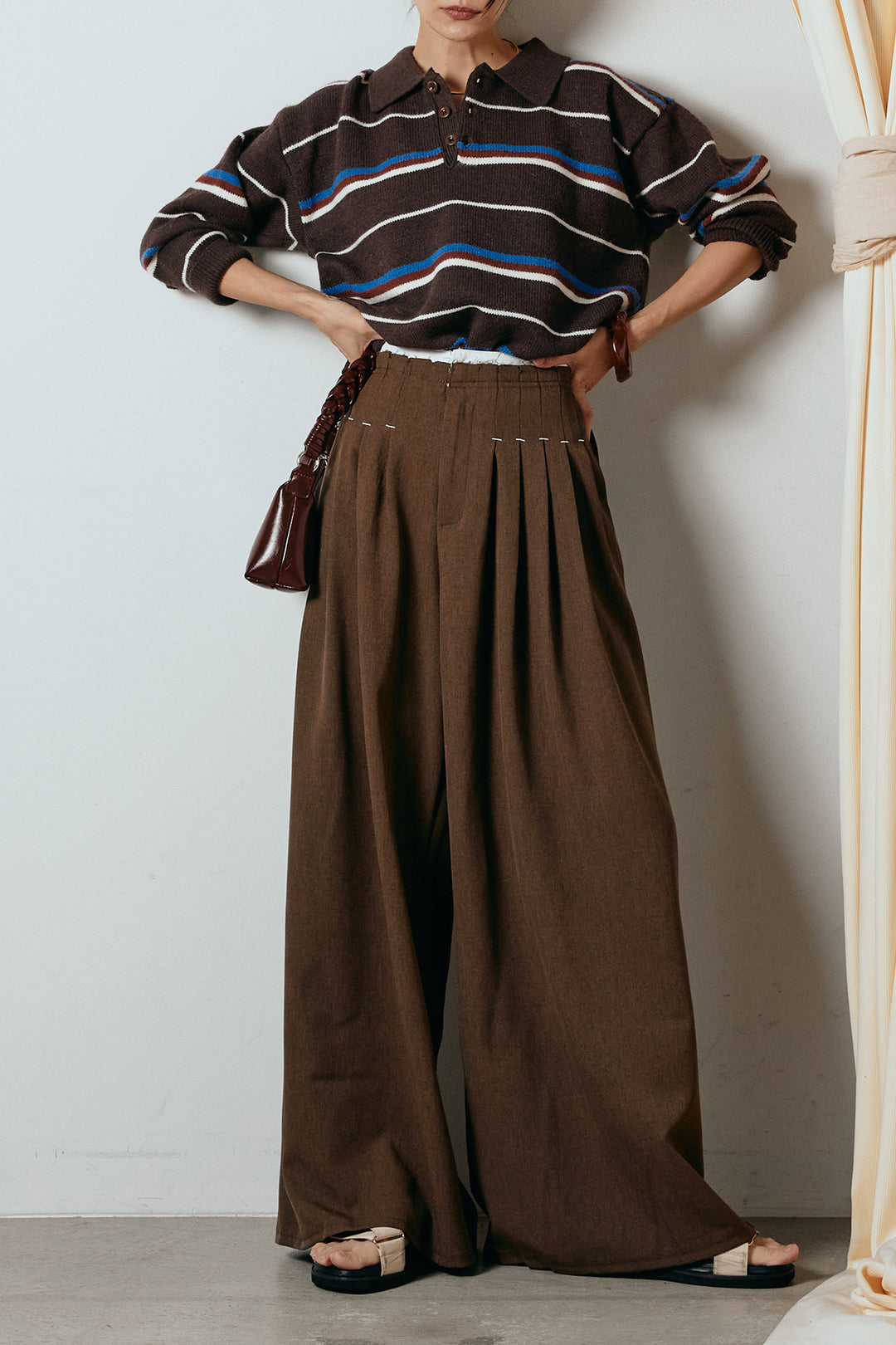 [SET]襟付きマルチボーダーニットポロトップス+ウエストステッチデザインワイドスラックス(2set)