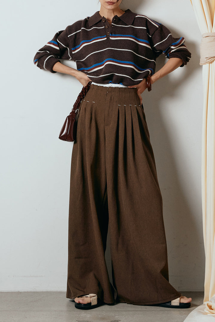 [SET]襟付きマルチボーダーニットポロトップス+ウエストステッチデザインワイドスラックス(2set)