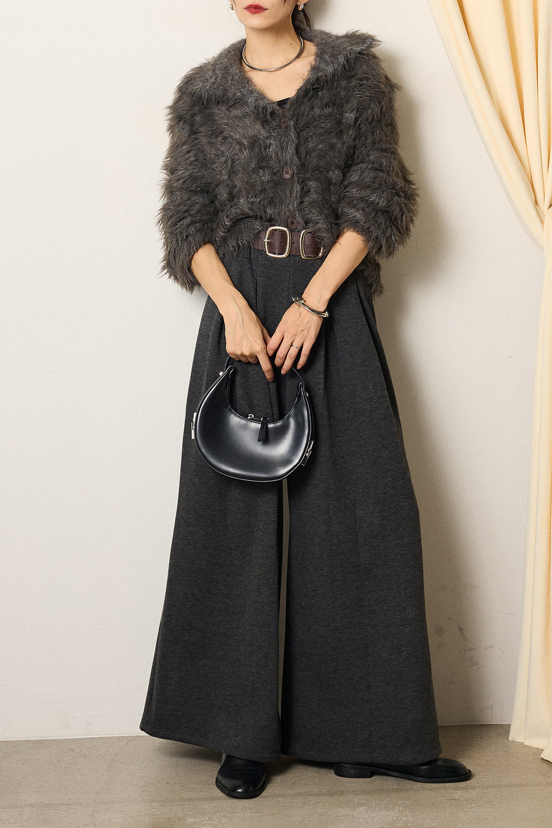 [SET]襟付きシャギーニットカーディガン+フェイクレザー太ベルト付きタックワイドパンツ(2set)