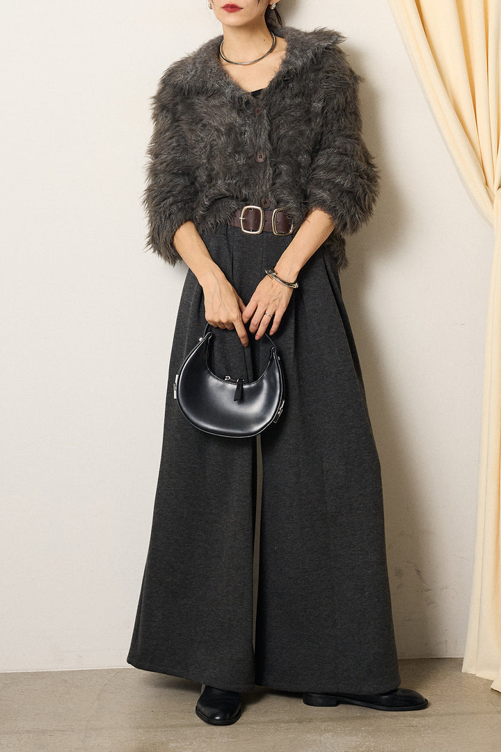 [SET]襟付きシャギーニットカーディガン+フェイクレザー太ベルト付きタックワイドパンツ(2set)