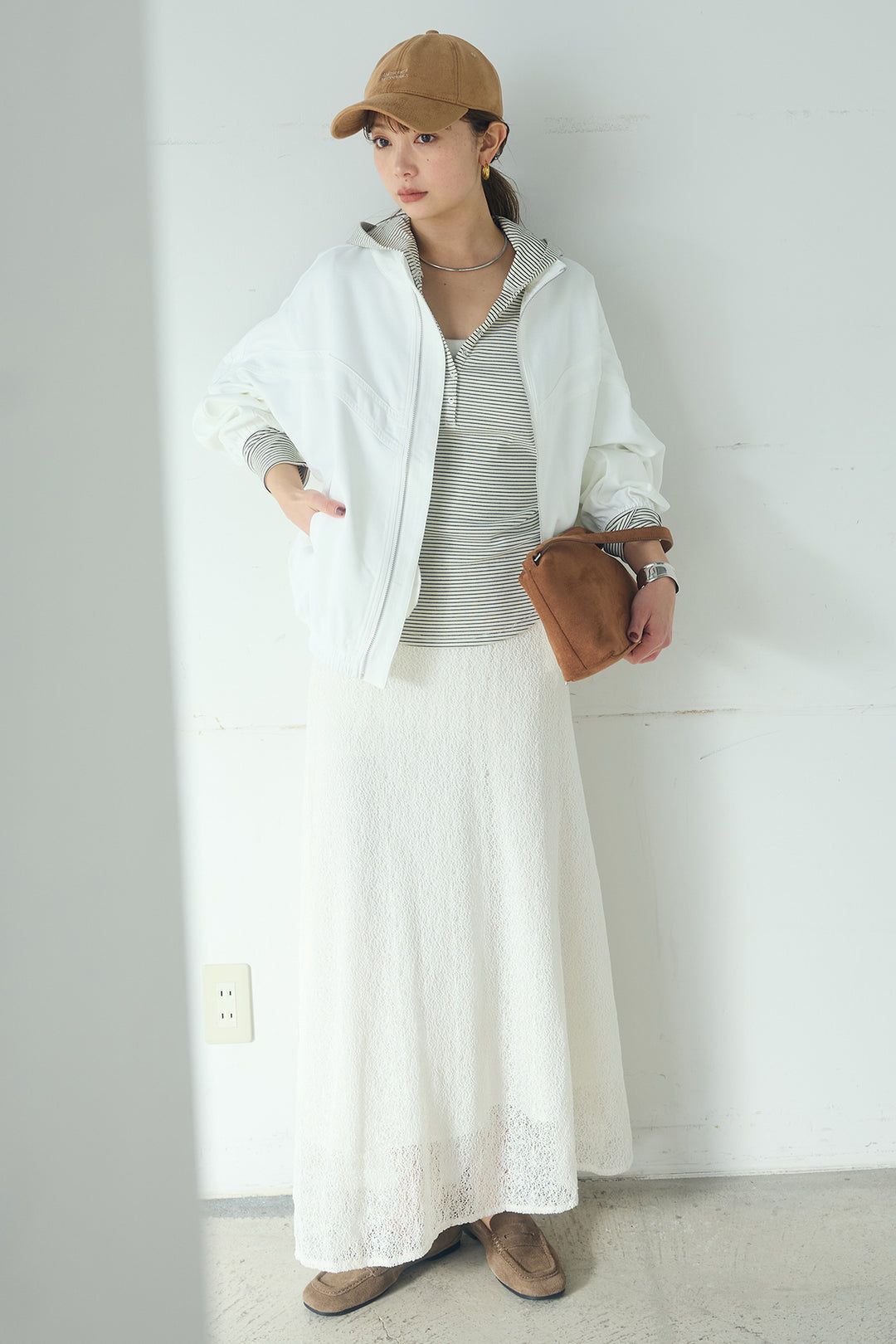 [SET]マルチ切り替えドルマンブルゾン+メッシュ刺繍ロングスカート+ボーダーフーディーロンT(3set)