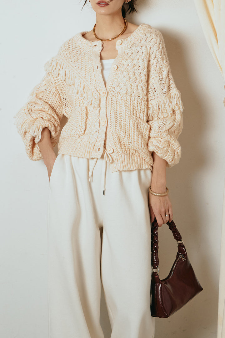 [SET]ランダムフリンジニットカーディガン+裏起毛スウェットワイドパンツ(2set)