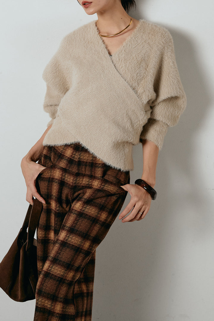 [SET]シャギーカシュクールニットトップス+ルーズタータンチェックワイドパンツ(2set)