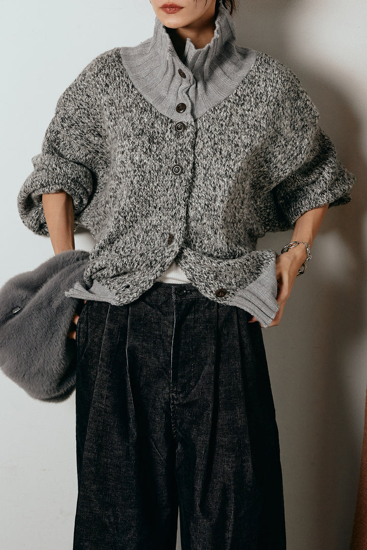 [SET]ハイネックミックスニットカーディガン+フロントタック入りコーデュロイパンツ(2set)