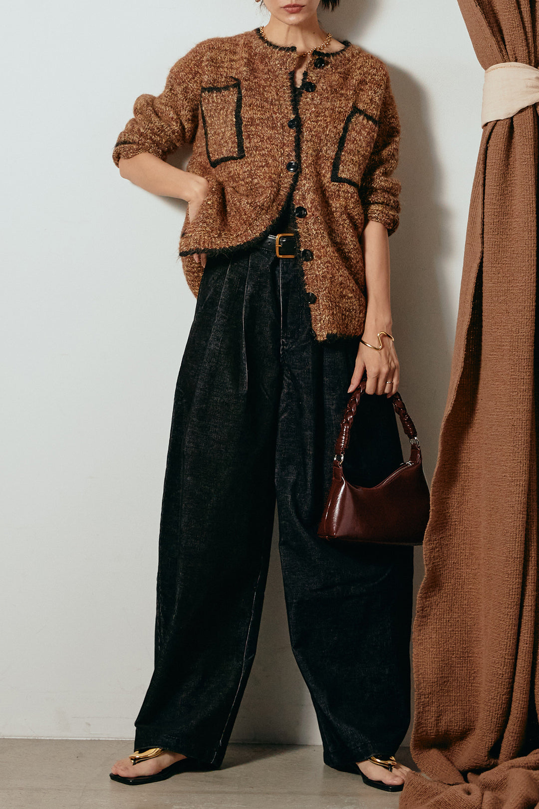 [SET]ミックスニットポケットカーディガン+フロントタック入りコーデュロイパンツ(2set)