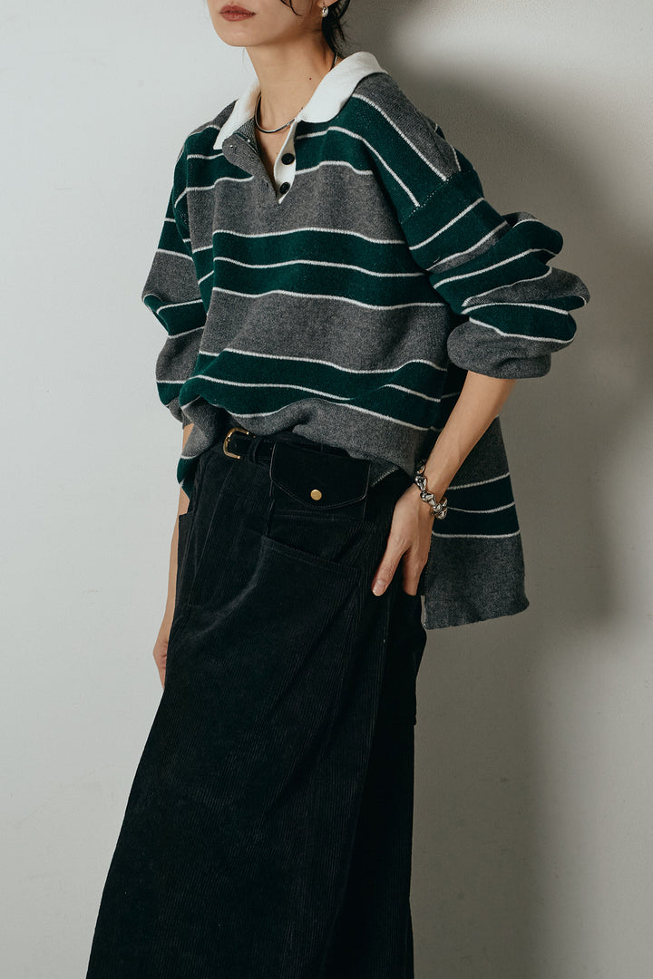 [SET]ラガーニットボーダーポロプルオーバー+ポーチベルト付きコーデュロイワイドスカート(2set)