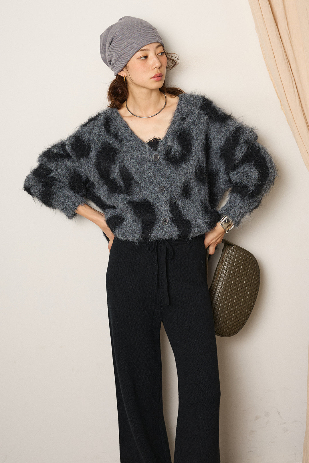 [SET]レオパードシャギータッチカーディガン+レースサテンキャミソール(2set)