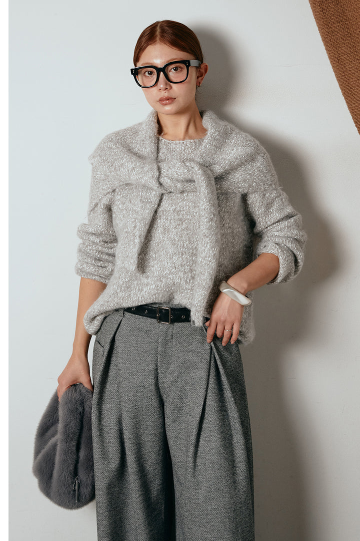 [SET]スカーフ付きミックスニットトップス+細ベルト付き起毛タックワイドパンツ(2set)