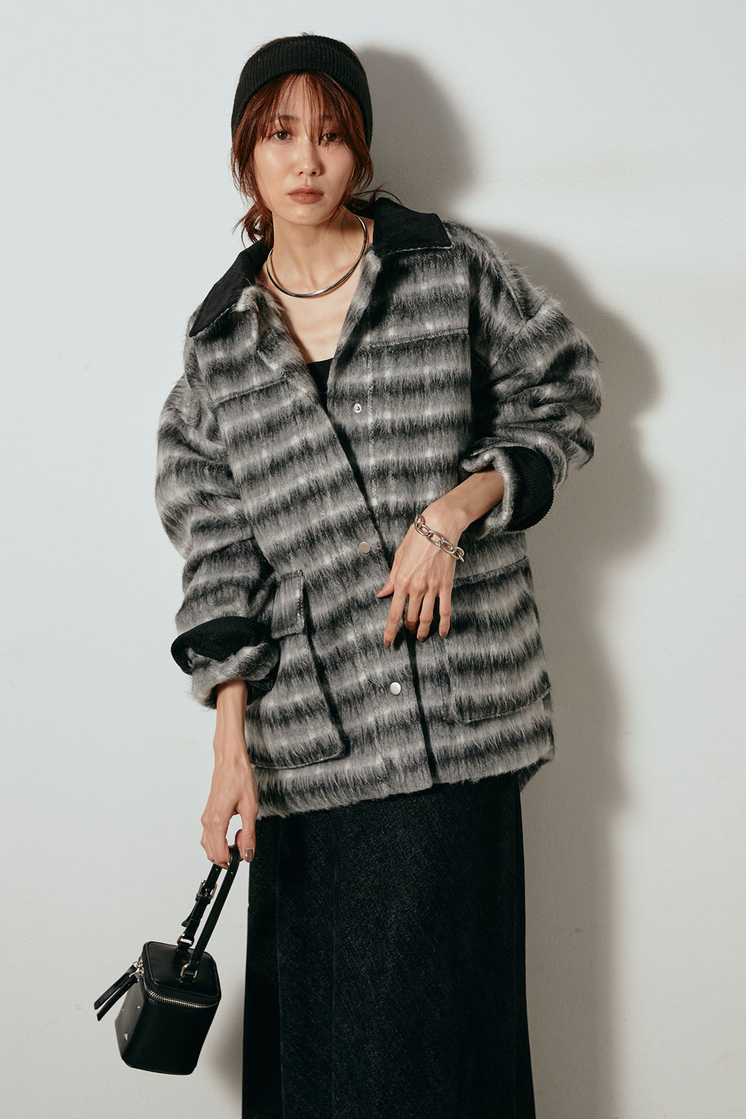 [SET]チェックシャギーミドルカバーオール+スウェードライクロングスカート(2set)