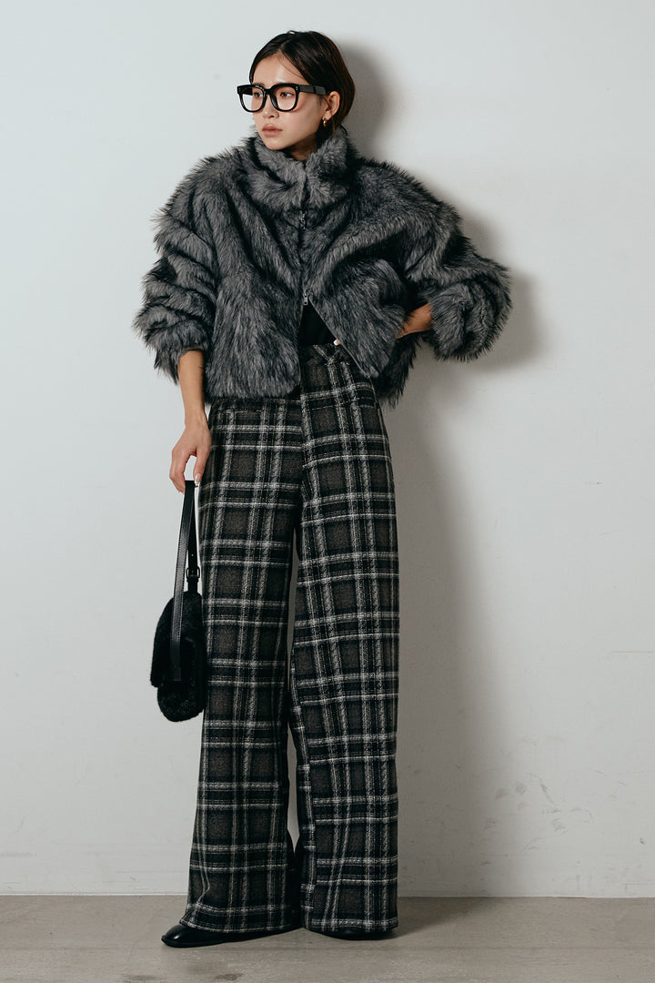 [SET]エコファーショート丈ブルゾン+ルーズタータンチェックワイドパンツ(2set)