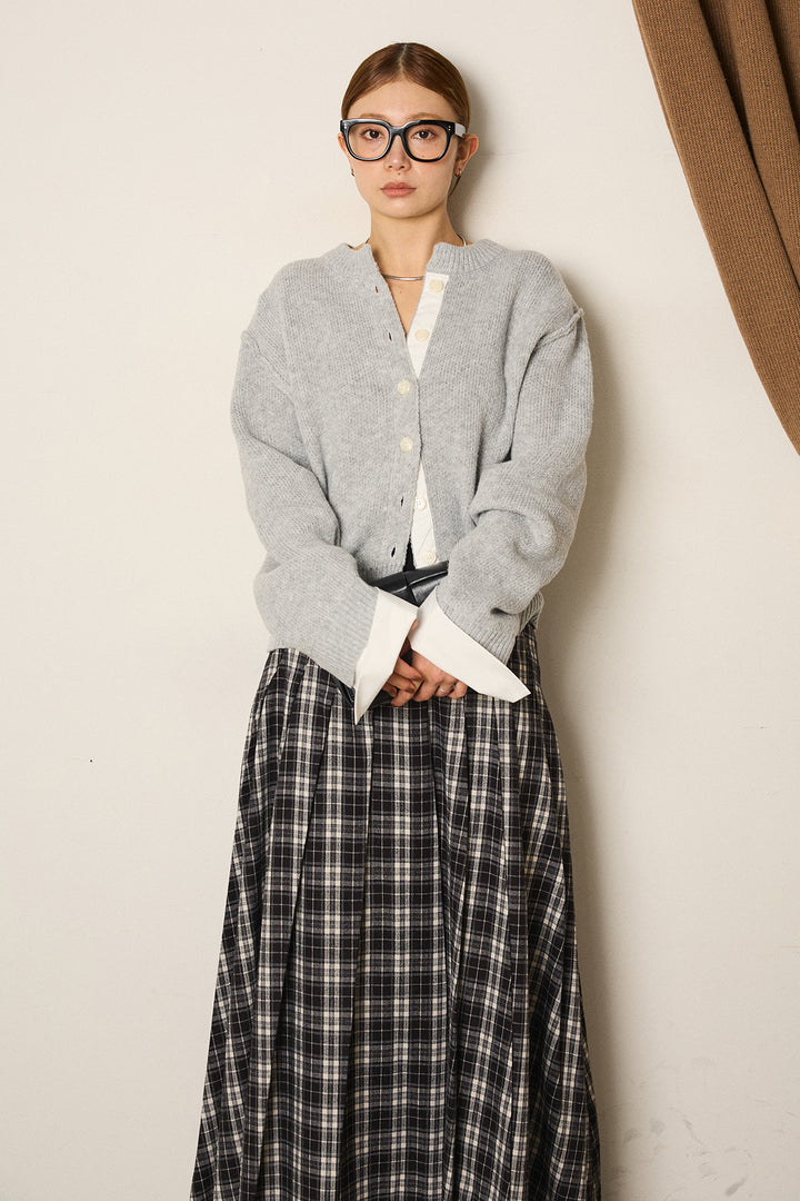 [SET]シャツドッキングニットカーディガン+ベルト付きタータンチェックプリーツスカート(2set)