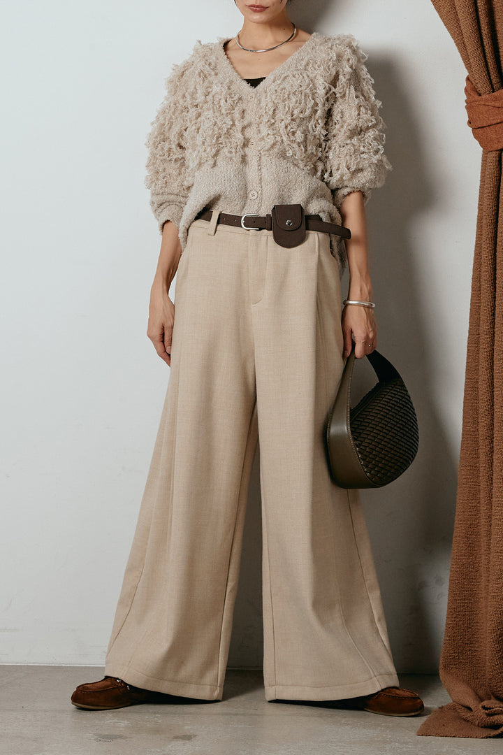 [SET]ループ編みVネックニットカーディガン+ポーチベルト付きカーブパンツ(2set)