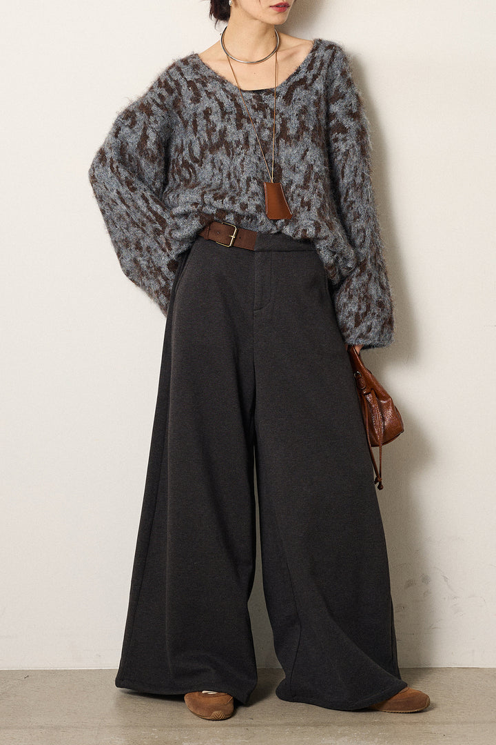 [SET]フラッフィーレオパードシャギーニット+サイドベルトパンツ(2set)