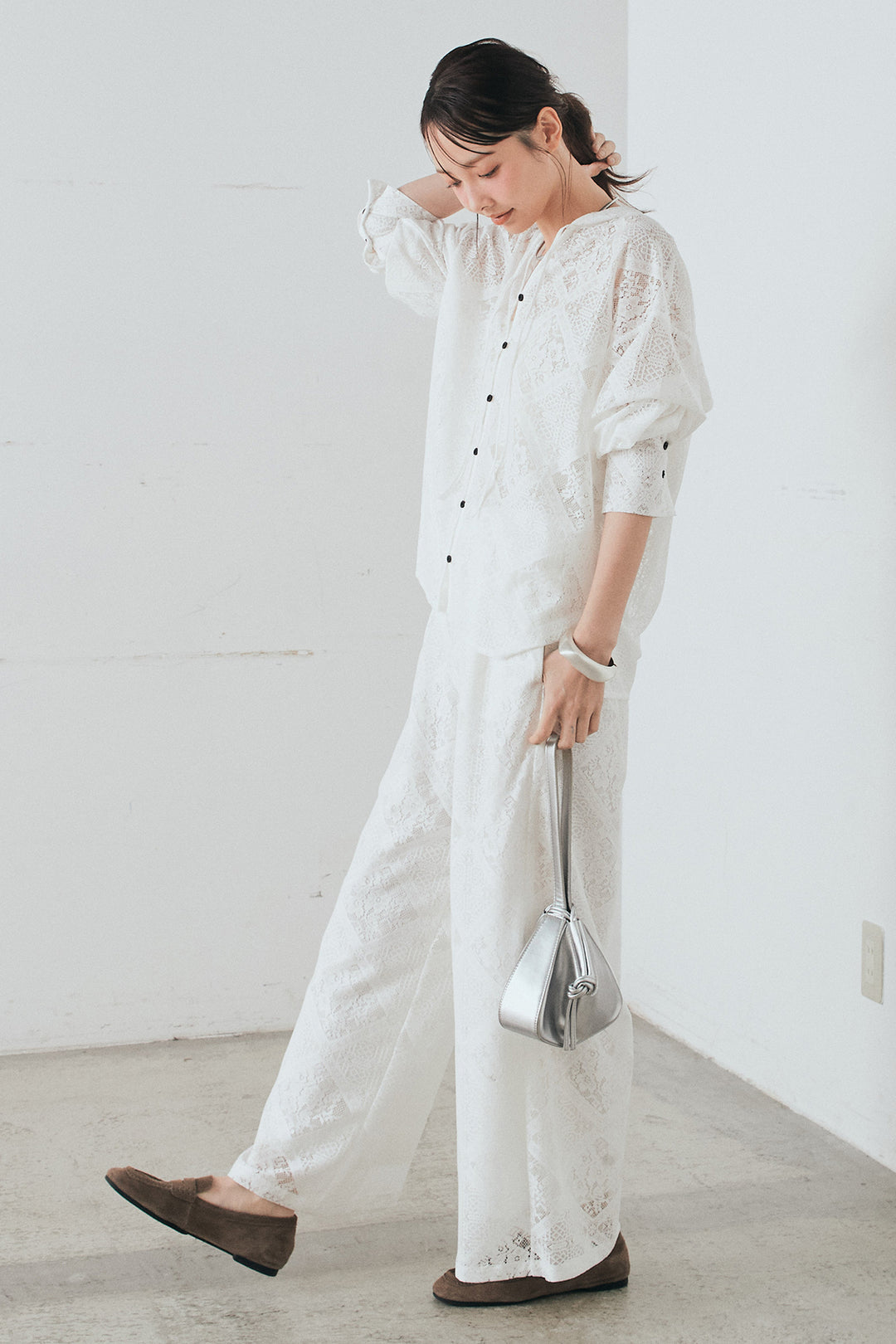 [SET]ブロックレースフード付きブラウス+リラックスブロックレースワイドパンツ(2set)