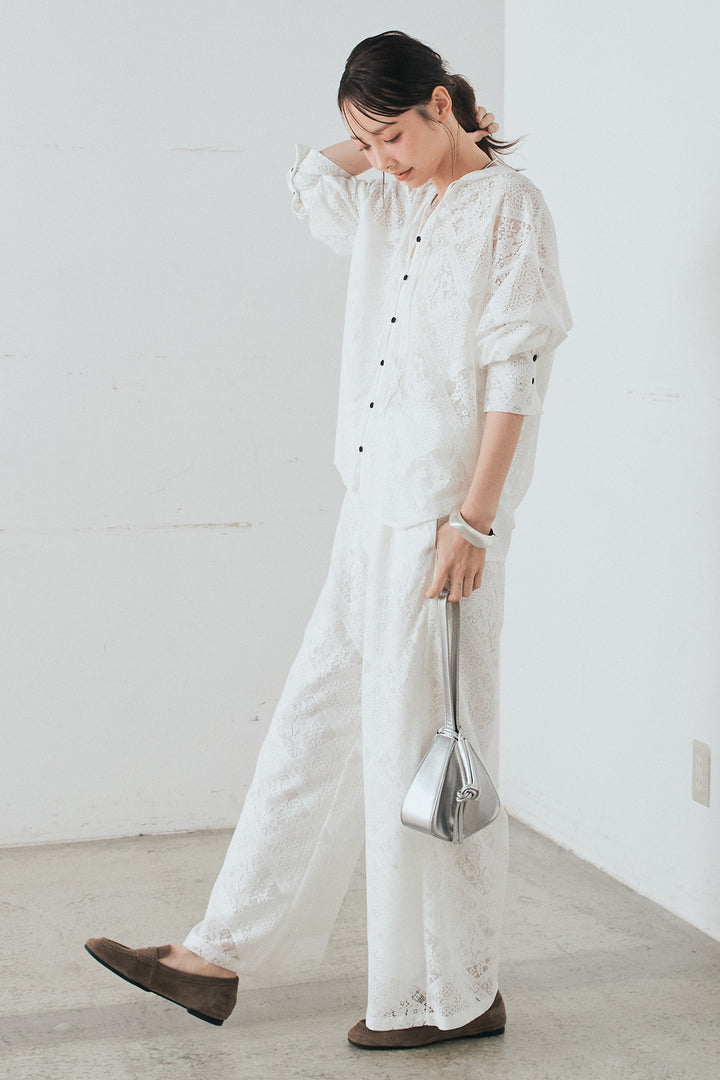 [SET]ブロックレースフード付きブラウス+リラックスブロックレースワイドパンツ(2set)