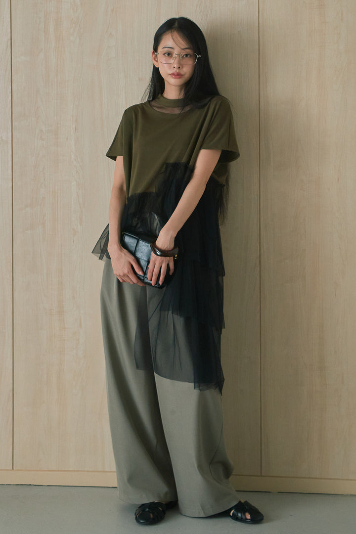 [SET]アシンメトリーチュールフリルTシャツ+ウエストデザインタックワイドパンツ(2set)