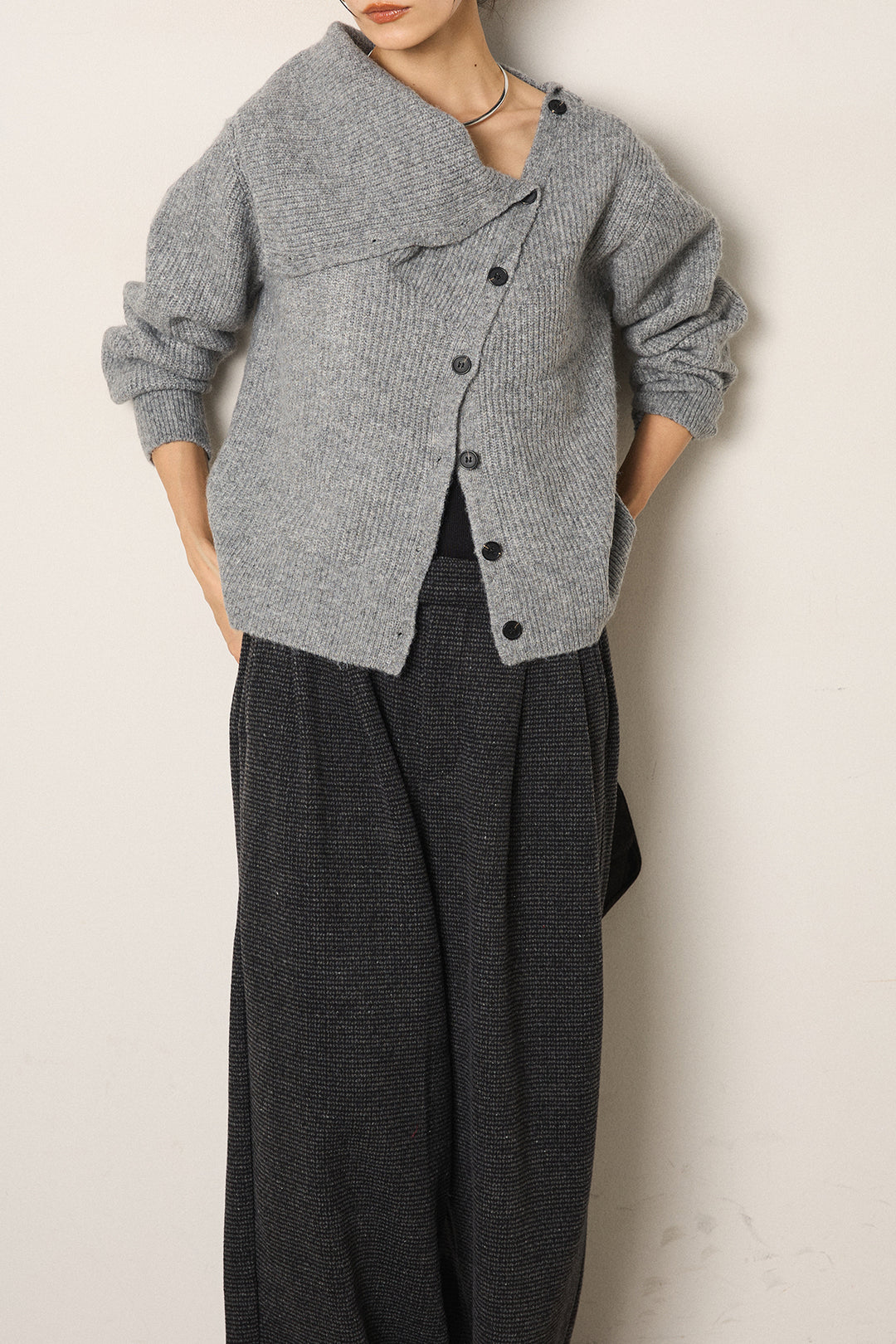 [SET]ボタンデザインネックニットプルオーバー+起毛タック入りツイードワイドパンツ(2set)