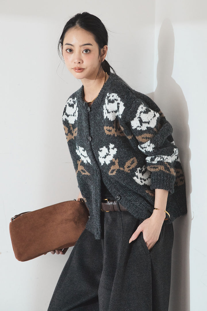 [SET]花柄ジャガードニットカーディガン+ウールタッチカーブワイドパンツ(2set)