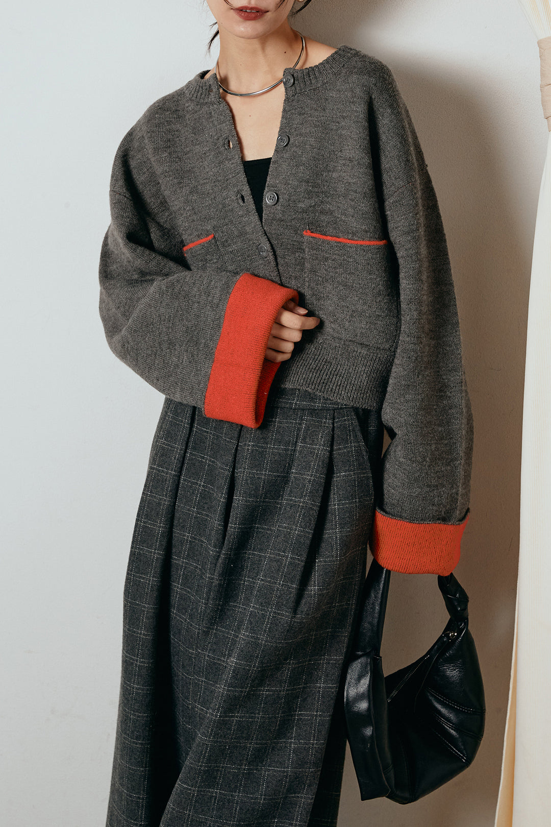 [SET]アルパカタッチダブルフェイスカーディガン+ウールライクチェックタックパンツ(2set)