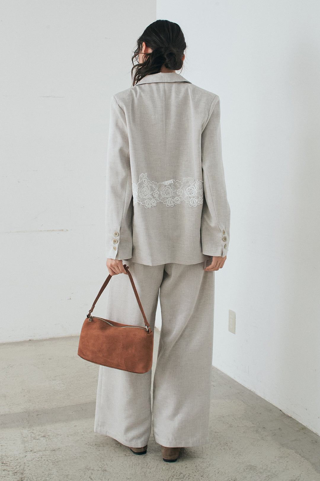 [SET]リネンタッチレースデザインジャケット+リネンタッチ細ベルト付きワイドパンツ(2set)