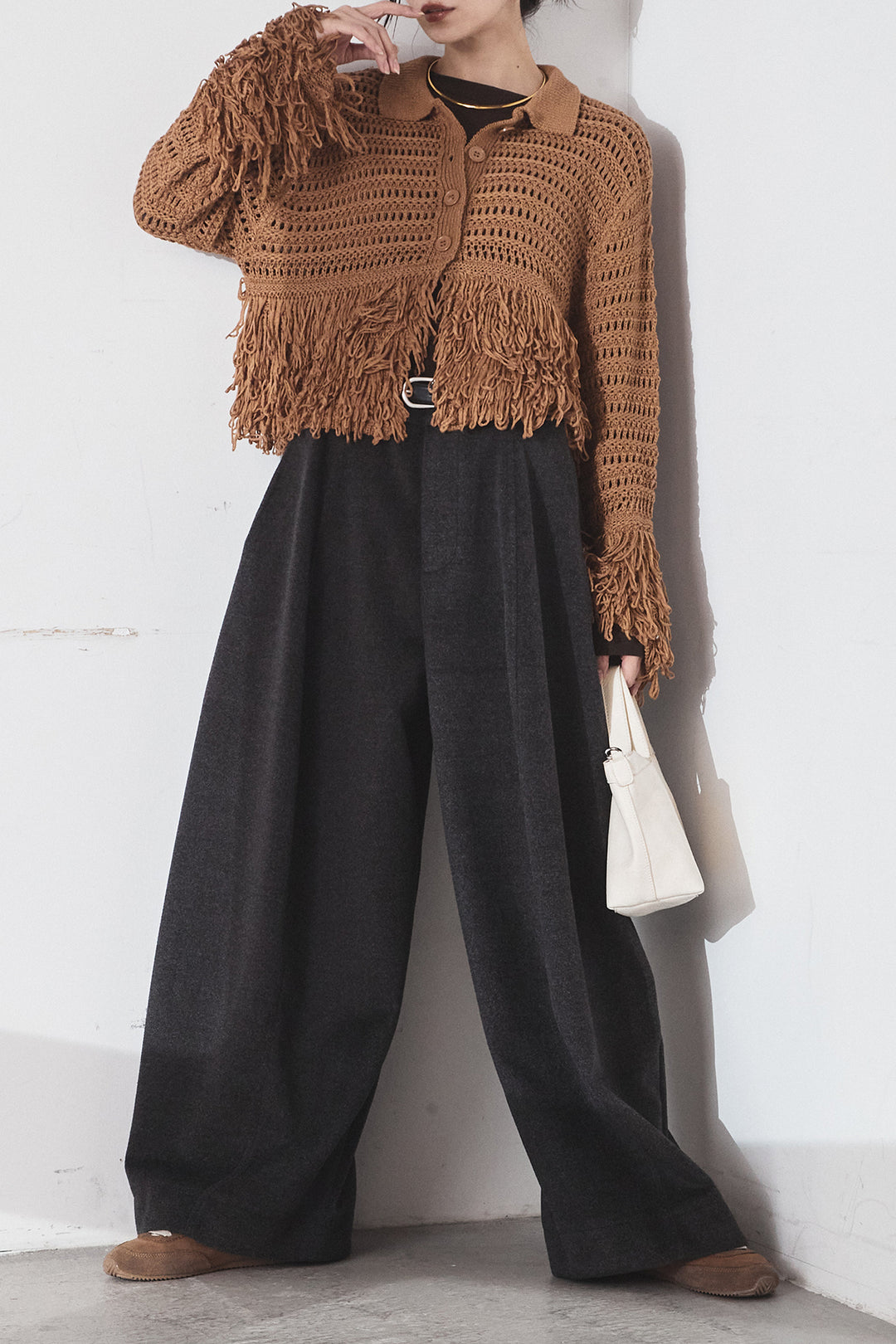 [SET]メッシュフリンジカーディガン+ウールタッチカーブワイドパンツ(2set)