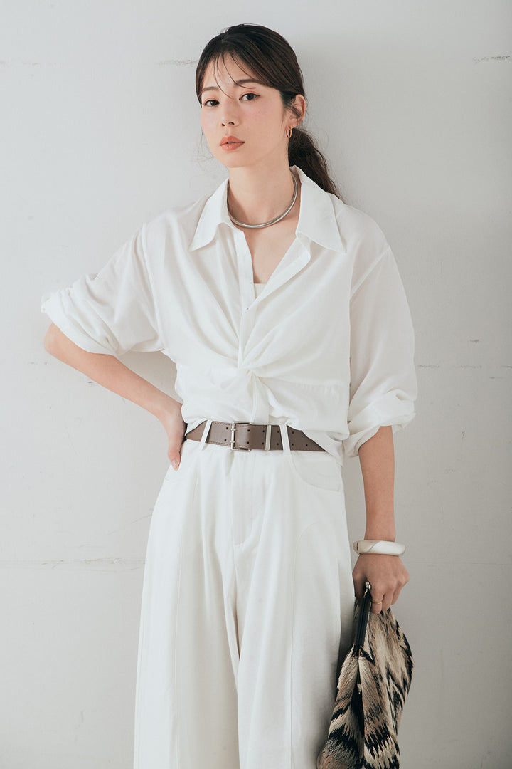 [SET]裾巻きツイストデザインシャツ+ベルト付きサイドタックワイドパンツ(2set)