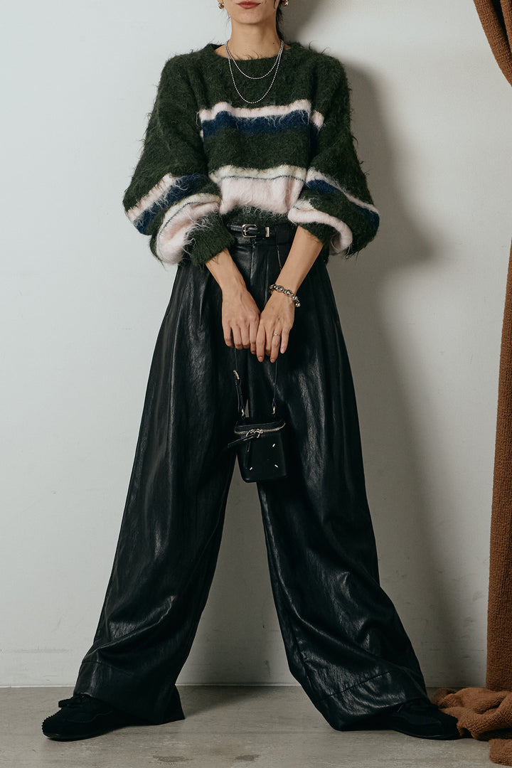 [SET]起毛配色マルチボーダーニットトップス+ベルト付きレザーライクタックパンツ(2set)