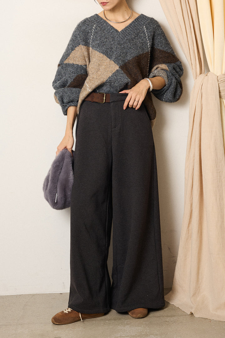 [SET]ルーズアーガイルVネックニット+サイドベルトパンツ(2set)