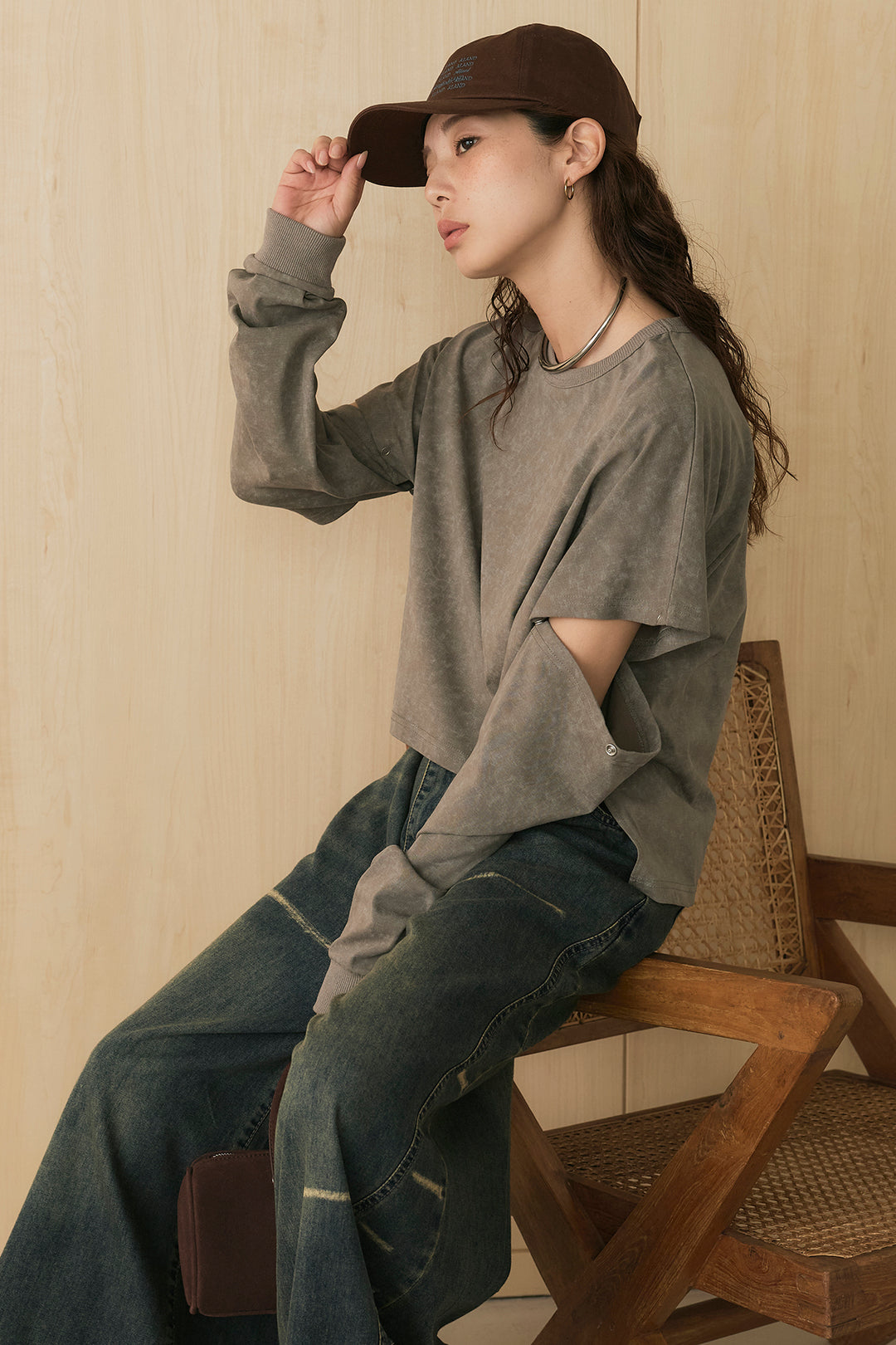 [SET]セパレートフェードTシャツ+ランダムダメージデニムワイドパンツ(2set)