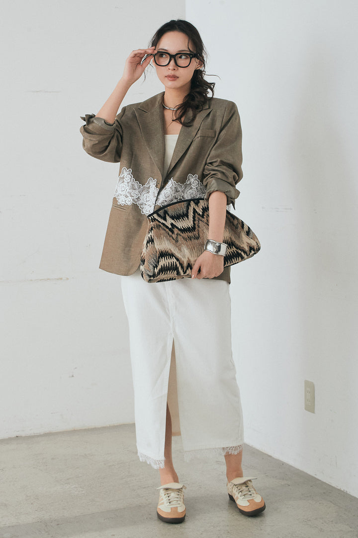 [SET]リネンタッチレースデザインジャケット+裾レースデザインデニムスカート(2set)