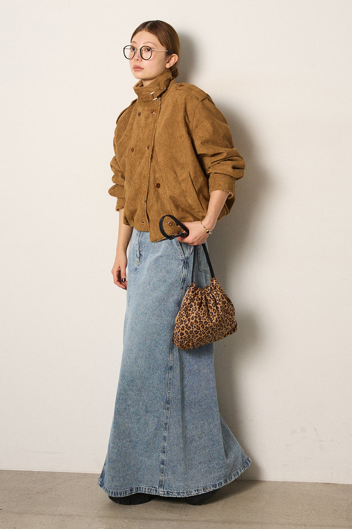 [SET]スタンド襟スウェードライクアウター+デニムロングフレアスカート(2set)