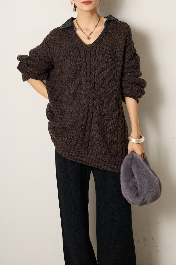 [SET]デニムカラーケーブルオーバーニット+ワイドリブニットイージーパンツ(2set)