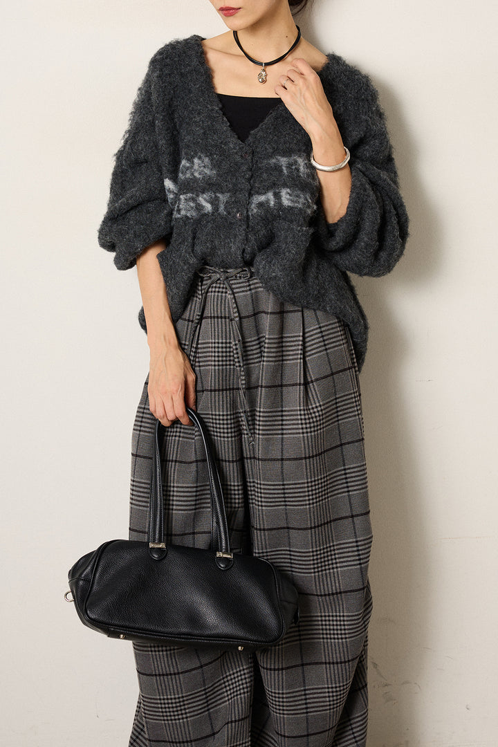 [SET]ウール混透かしロゴニットカーディガン+グレンチェックルーズタックパンツ(2set)