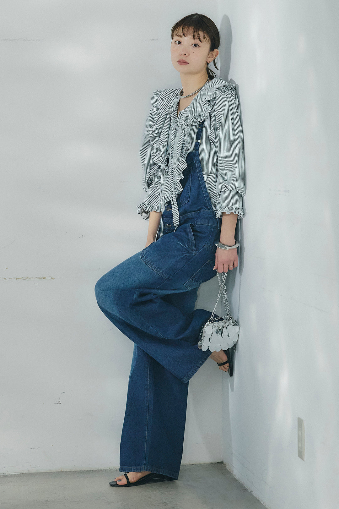 [SET]コットンフリルブラウス+デニムサロペットワイドパンツ(2set)