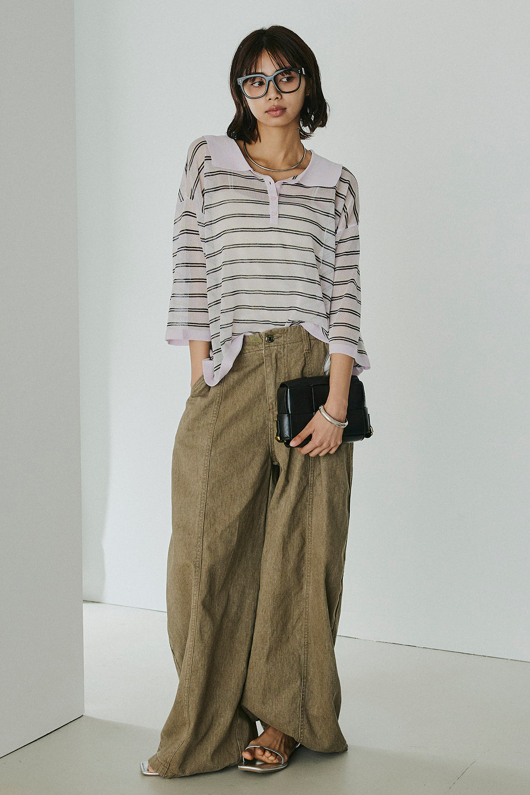 [SET]ボーダーニットポロシャツ+サイドベルトカーブワイドパンツ(2set)