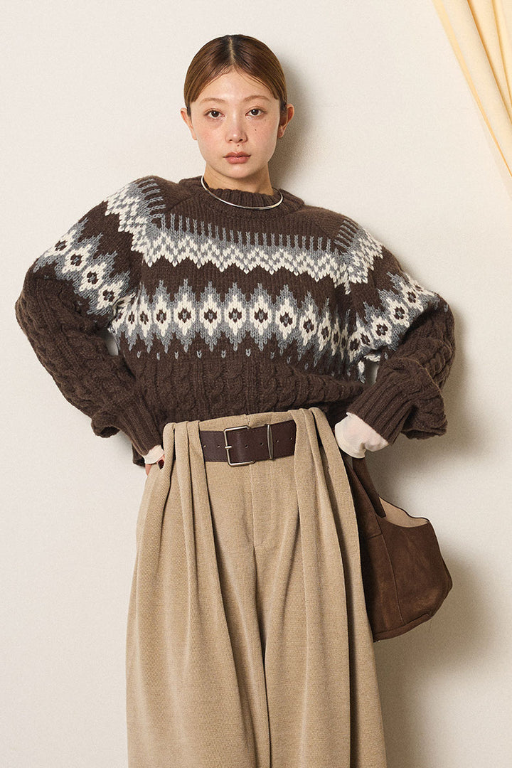 [SET]2WAY求心柄ジャガードショートカーディガン+2WAY袖コード刺繍クルーネックプルオーバー(2set)