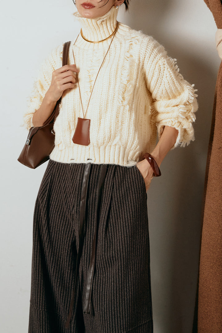 [SET]フリンジタートルショートニット+レザーライク配色ストライプパンツ(2set)