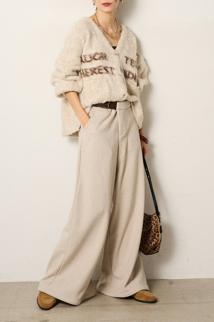 [SET]ウール混透かしロゴニットカーディガン+サイドベルトパンツ(2set)