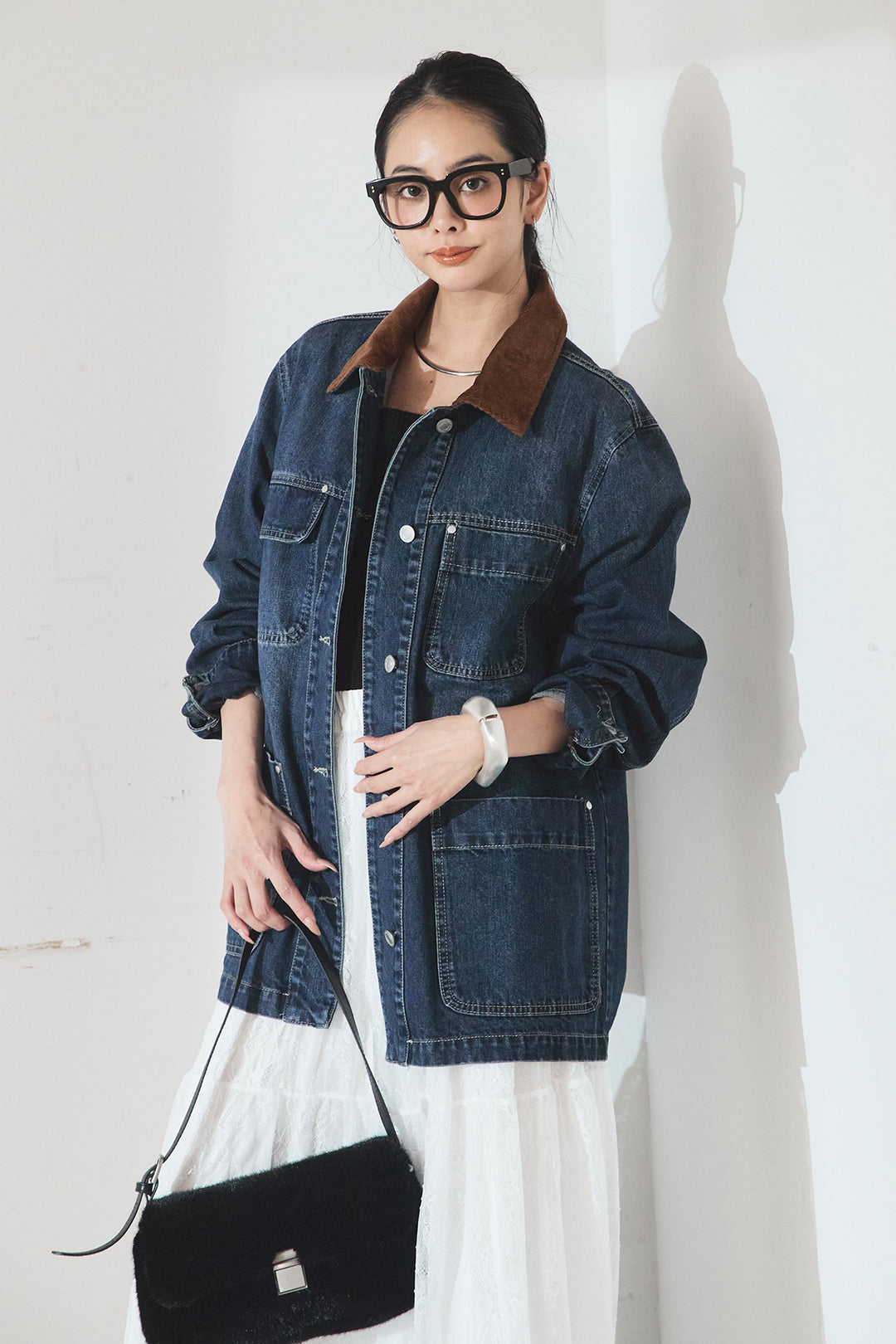 [SET]襟コーデュロイデニムカバーオール+ひげレース切替ロング丈スカート(2set)