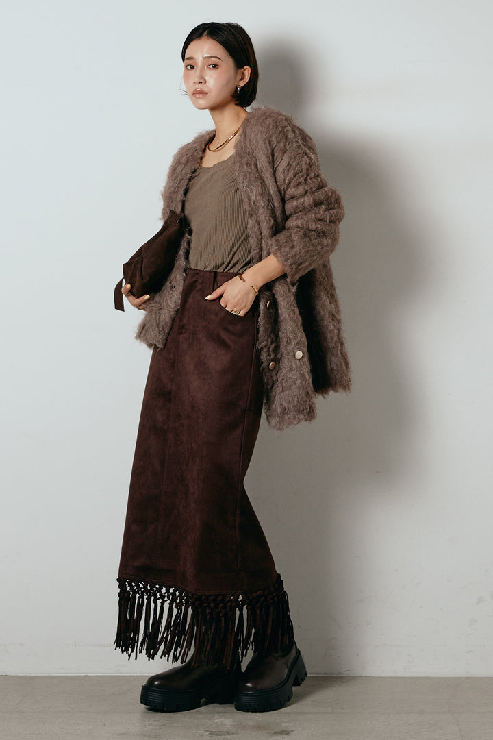 [SET]ウェーブシャギーニットジャケット+スウェードライク裾フリンジスカート(2set)
