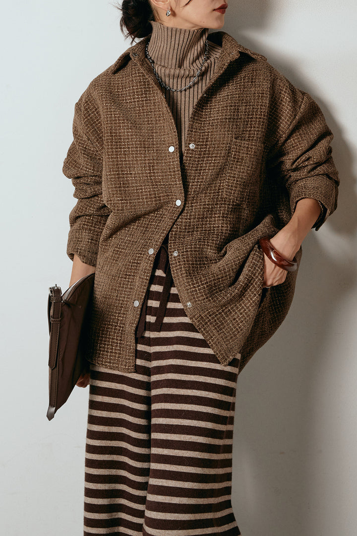 [SET]ルーズクラッシュツイルシャツ+リブニットシームレスタートルプルオーバー+ボーダーリラックスニットパンツ(3set)