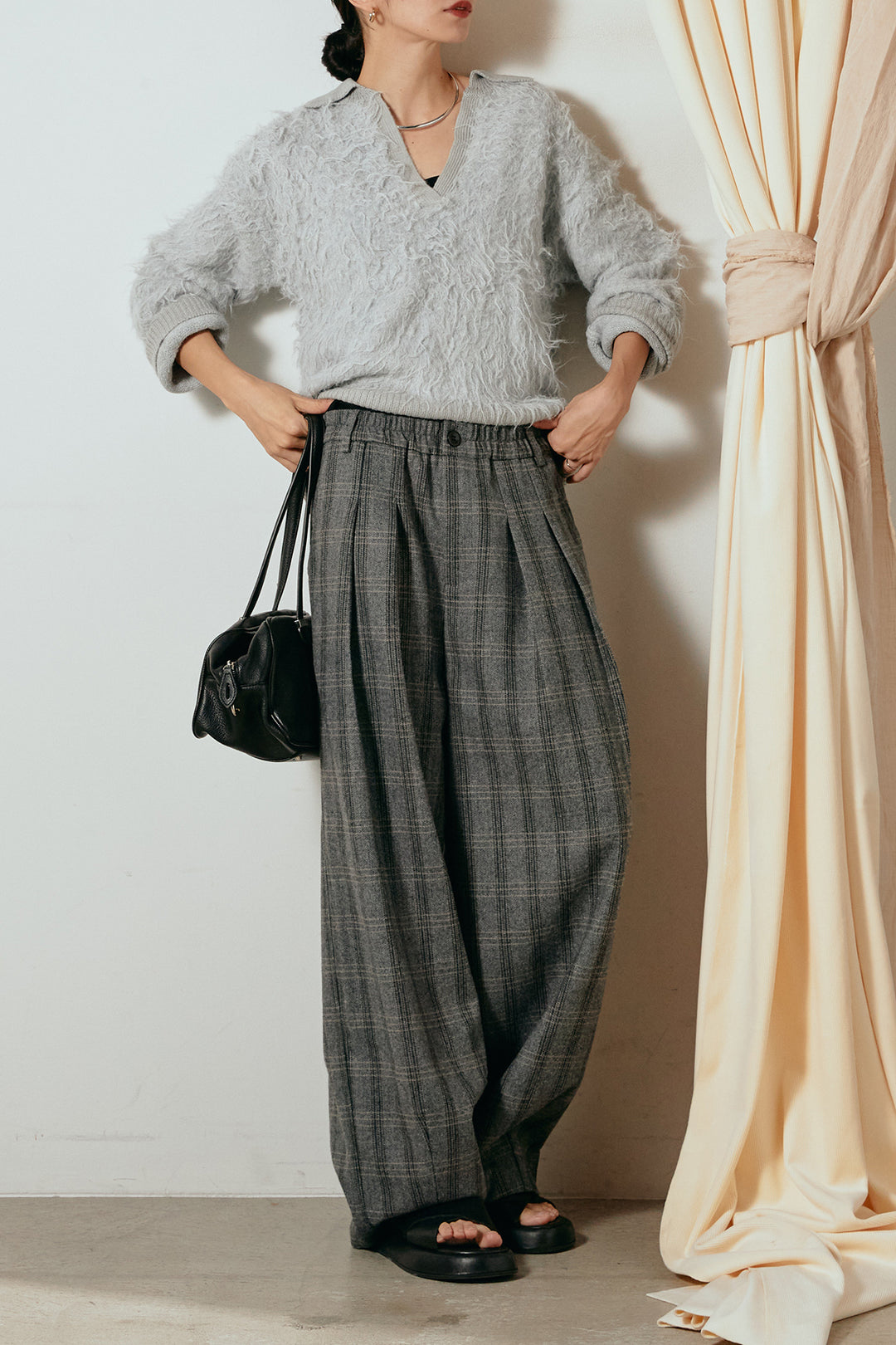 [SET]襟付きシャギーニットポロトップス+タータンチェック柄タックパンツ(2set)