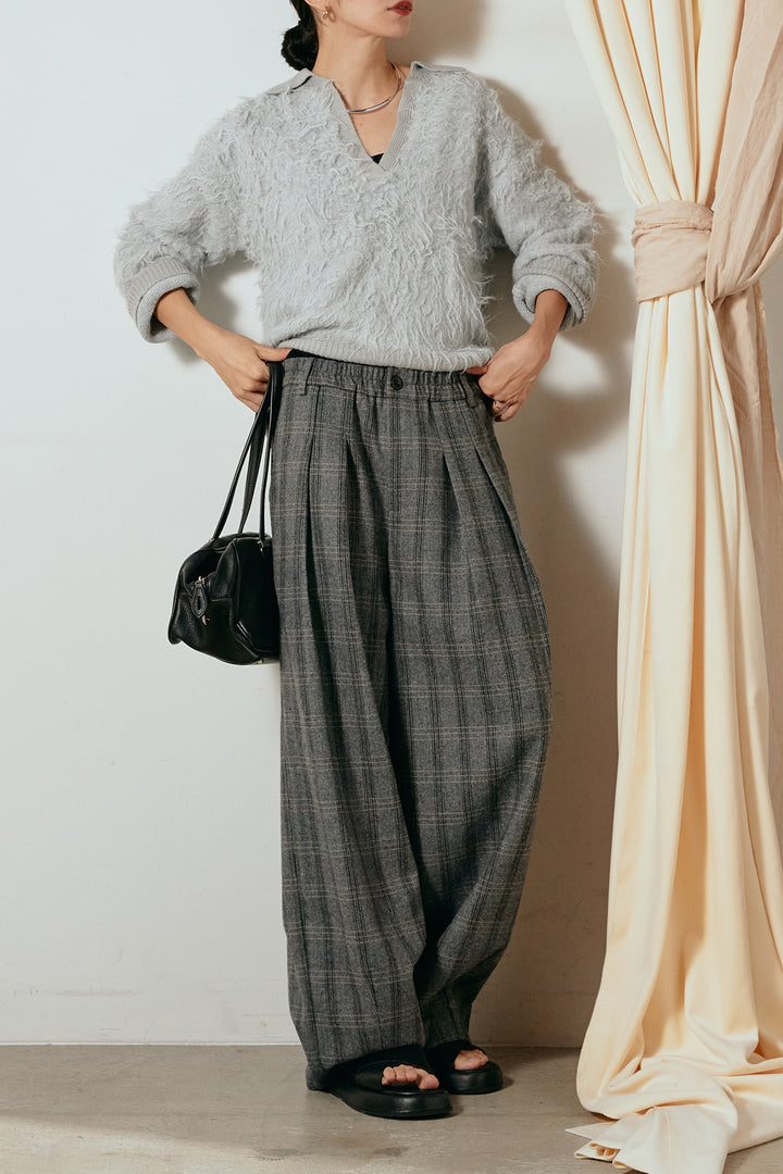 [SET]襟付きシャギーニットポロトップス+タータンチェック柄タックパンツ(2set)