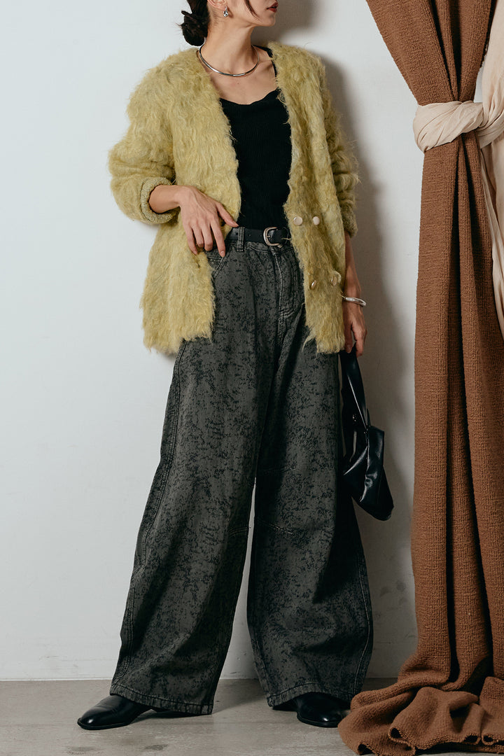 [SET]ウェーブシャギーニットジャケット+ベルト付きニュアンス柄カーブワイドパンツ(2set)