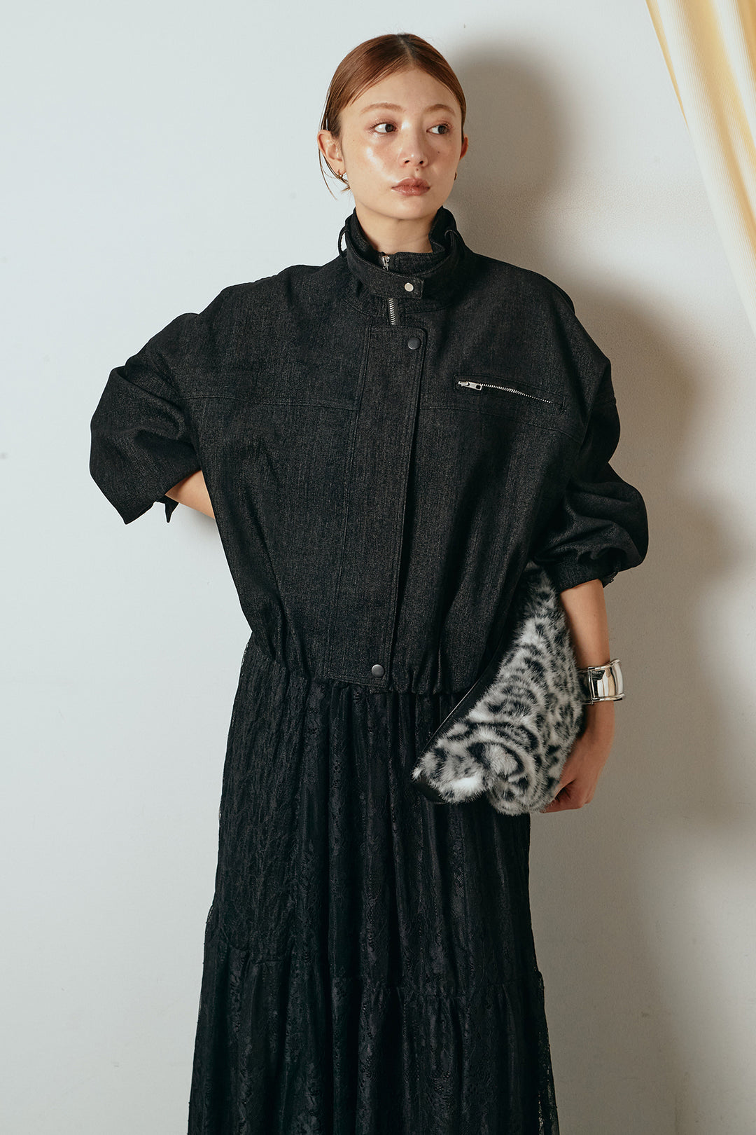 デニム調ハイネックブルゾン