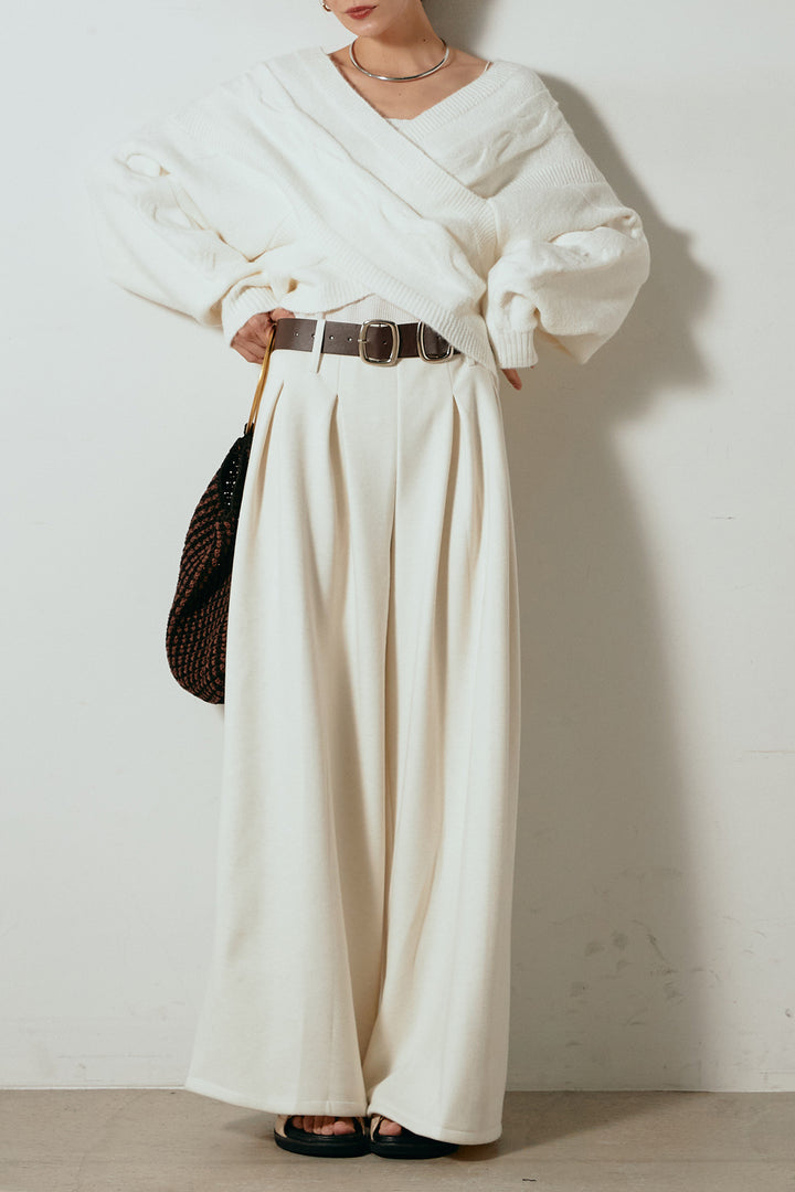 [SET]ケーブルカシュクールニットトップス+フェイクレザー太ベルト付きタックワイドパンツ(2set)