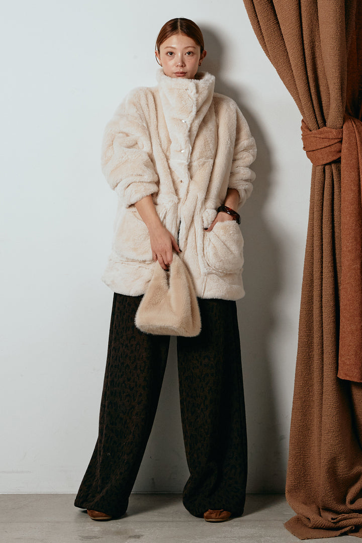 [SET]スタンドネックファーコート+レオパードジャガードニットパンツ(2set)