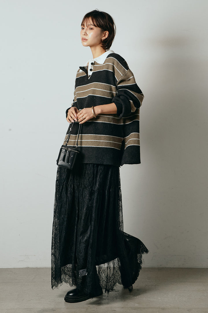 [SET]ラガーニットボーダーポロプルオーバー+ひげレース切替ロング丈スカート(2set)
