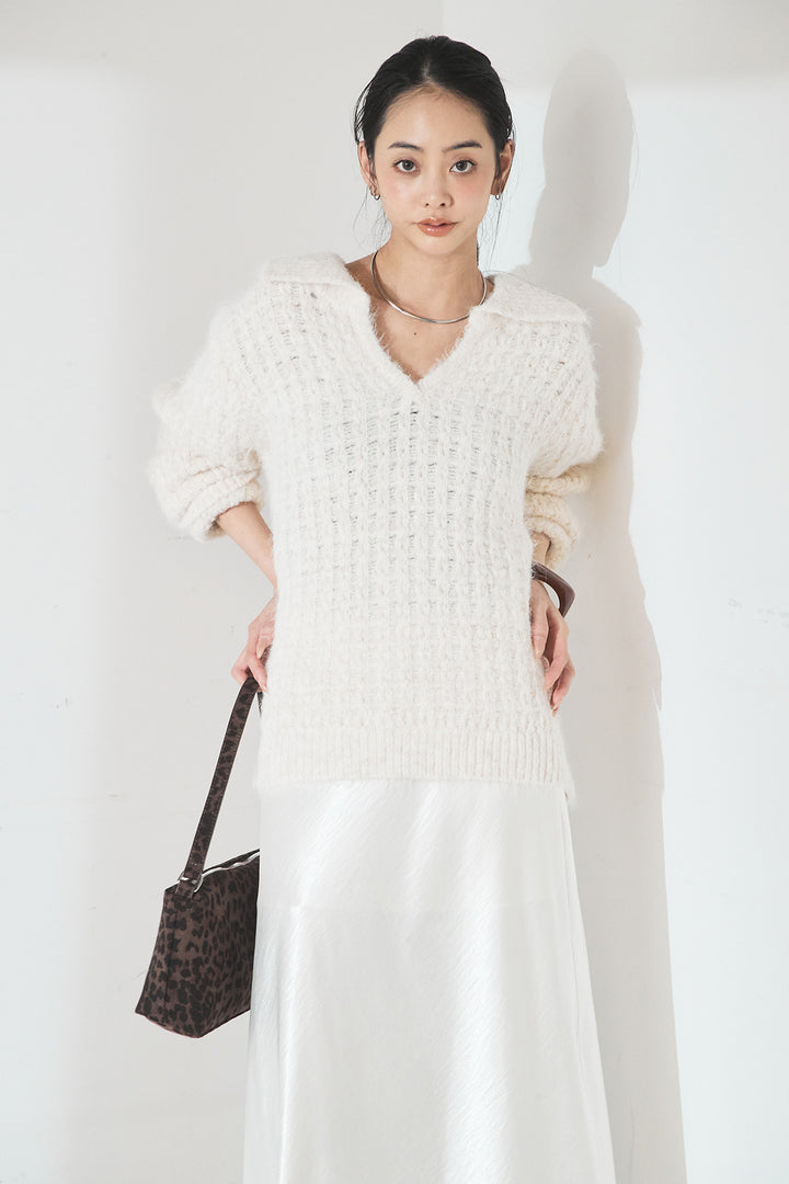 [SET]襟付きVネックニットトップス+裾レースデザインサテンスカート(2set)