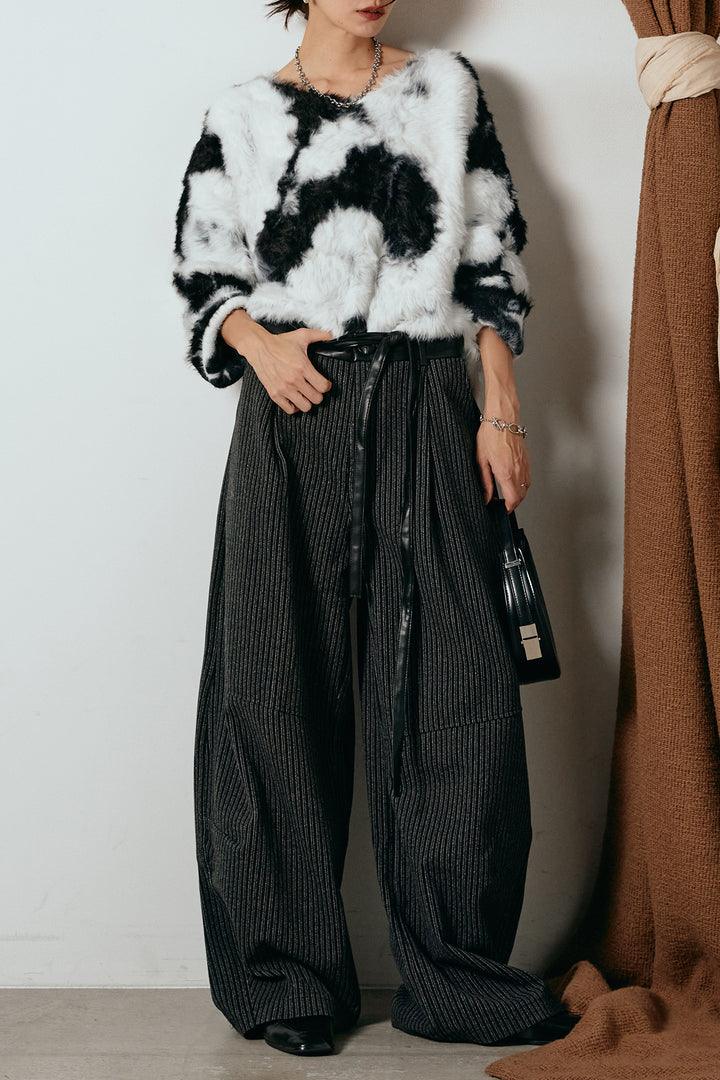 [SET]タイダイ柄シャギーニットトップス+レザーライク配色ストライプパンツ(2set)